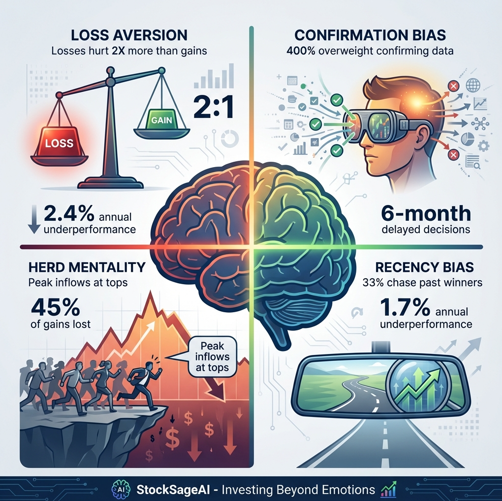 Four cognitive biases infographic: loss aversion, confirmation bias, herd mentality, recency bias
