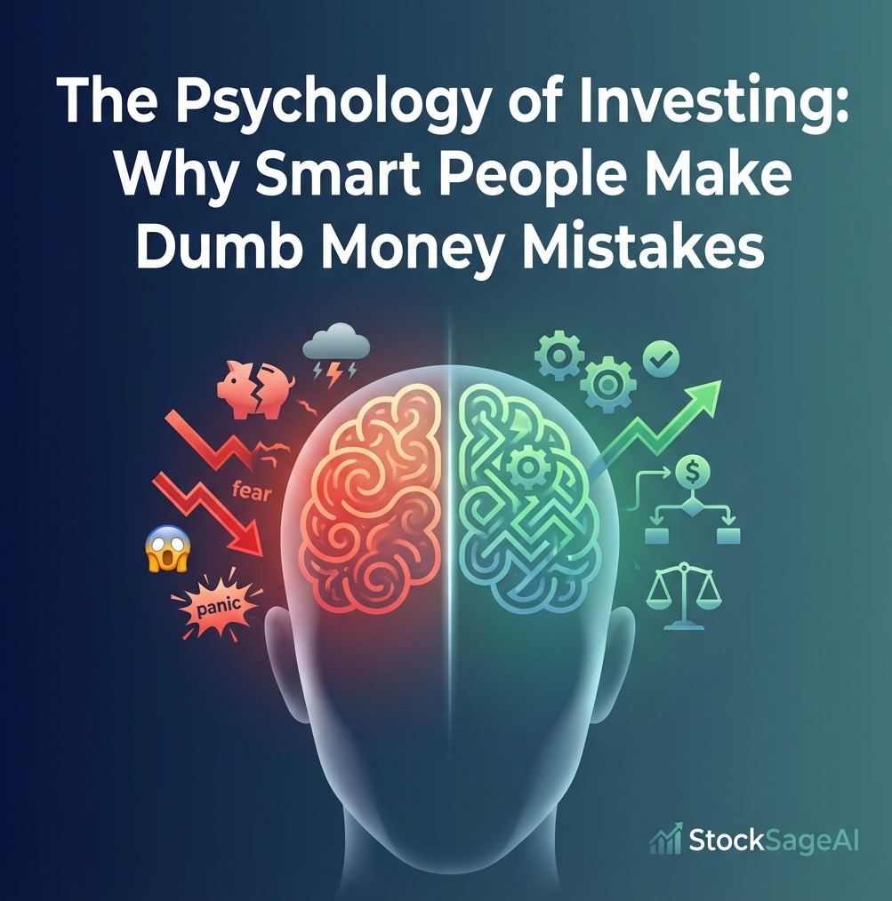 Investment psychology split brain showing emotional vs systematic thinking: StockSageAI